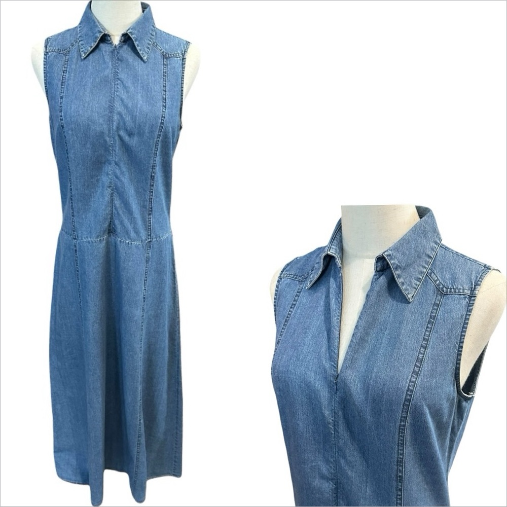 Vtg 90s Y2K Womens Zip Collar Denim Maxi Dress‎ Sz 6 Drop Waist Western Modest